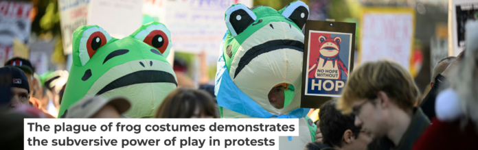 Demonstrators in frog costumes during the “No Kings” protest on Oct. 18, 2025, in Portland, Ore. Mathieu Lewis-Rolland/Getty Images